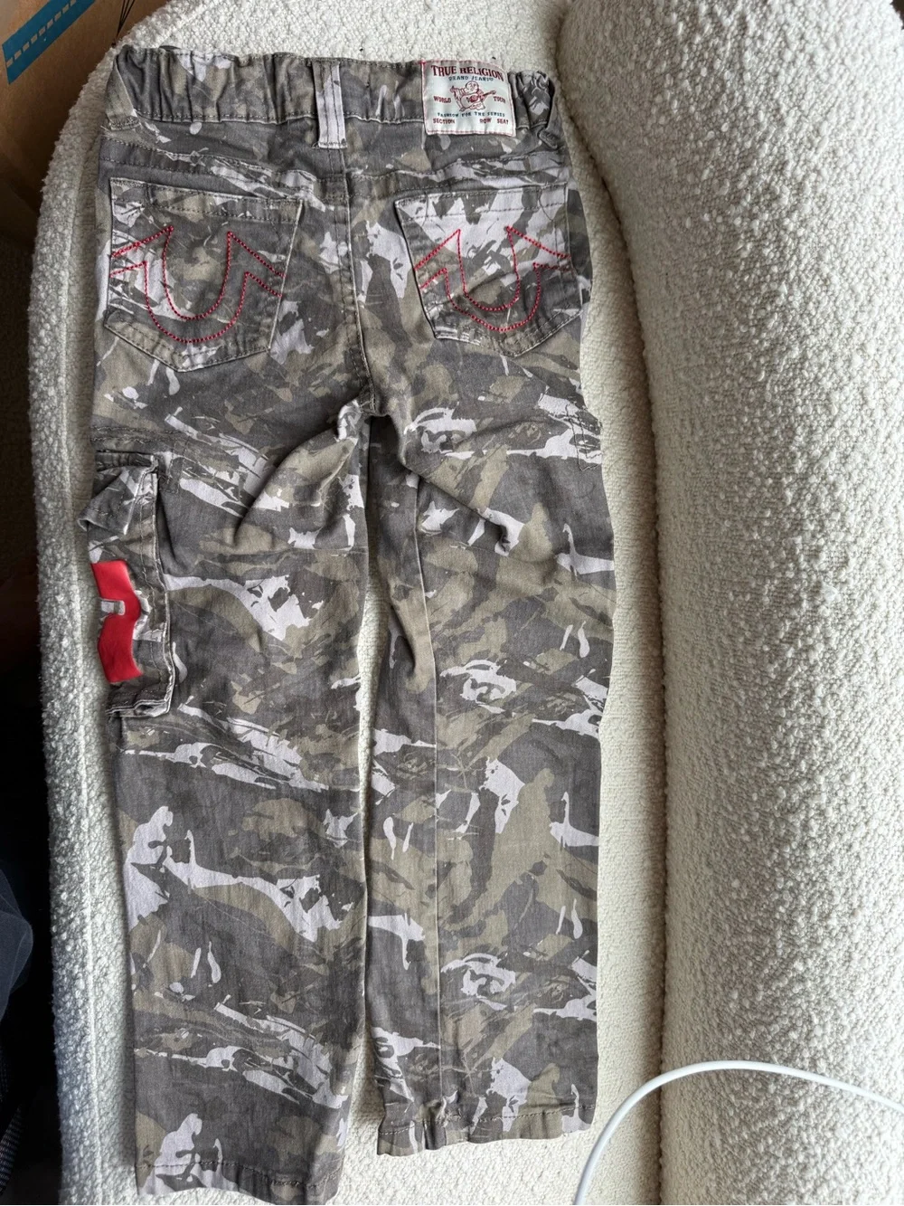 True Religion Men's Gray Camo Cargo Pants with Red Accent